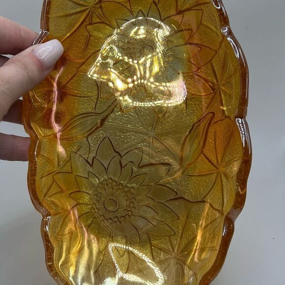 Vintage Marigold Floral Indiana Carnival Glass Oval Candy Dish Bowl Relish Bowl - Picture 7 of 11